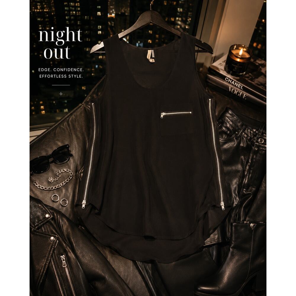 Black Sheer Zip Detail Sleeveless Blouse Tunic Top Edgy Minimalist Chic